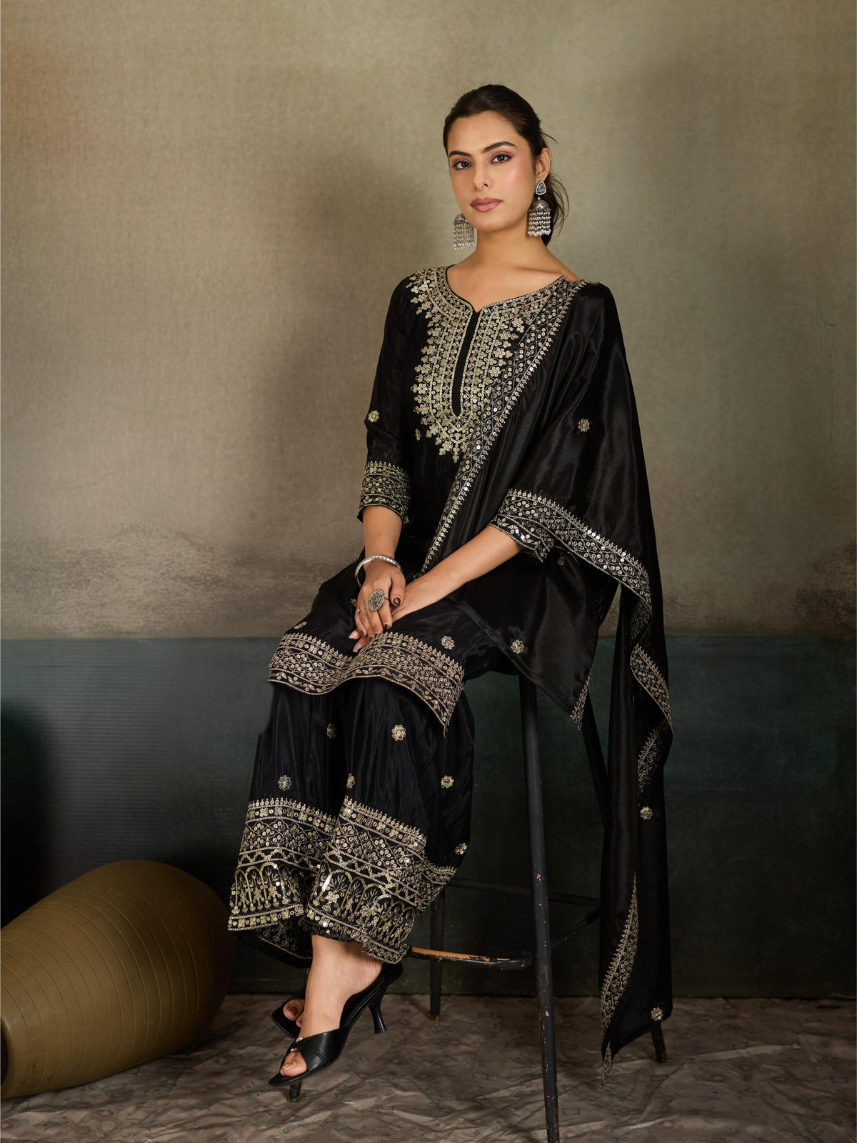 Black zari embroidered silk kurta palazzo set - back view with dupatta