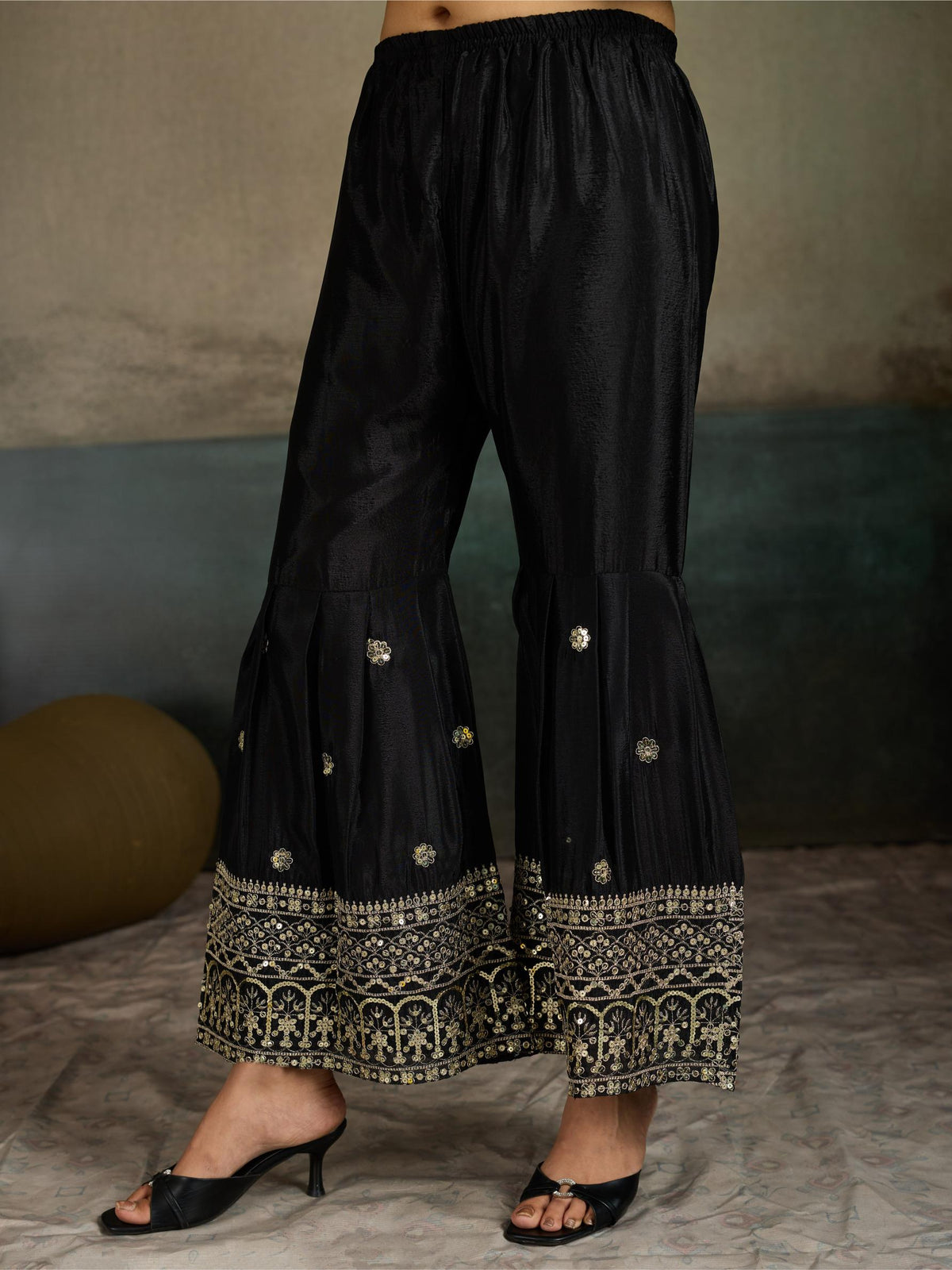 Black Zari Embroidered Silk Kurta Palazzo Set with Dupatta