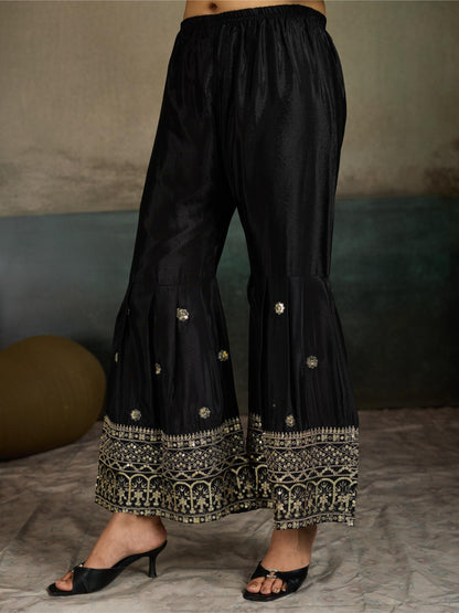 Black Zari Embroidered Silk Kurta Palazzo Set with Dupatta