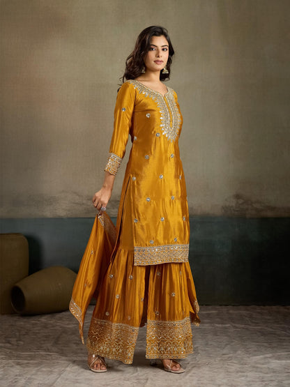 Mustard yellow zari embroidered silk kurta palazzo set - side view with dupatta