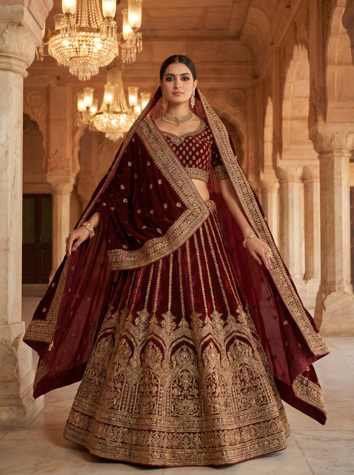 Royal Maroon Velvet Bridal Lehenga Choli