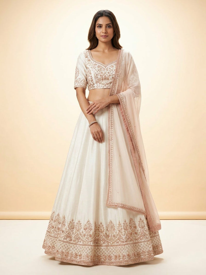 Bridal Lehenga – Off-White Silk with Rose Gold Zardozi Embroidery & Blush Pink Dupatta