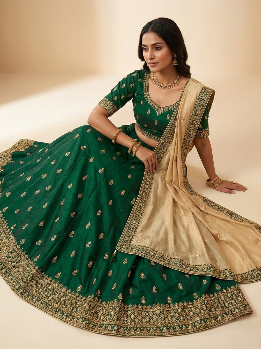 Model seated wearing emerald green embroidered lehenga with gold zari border and beige dupatta