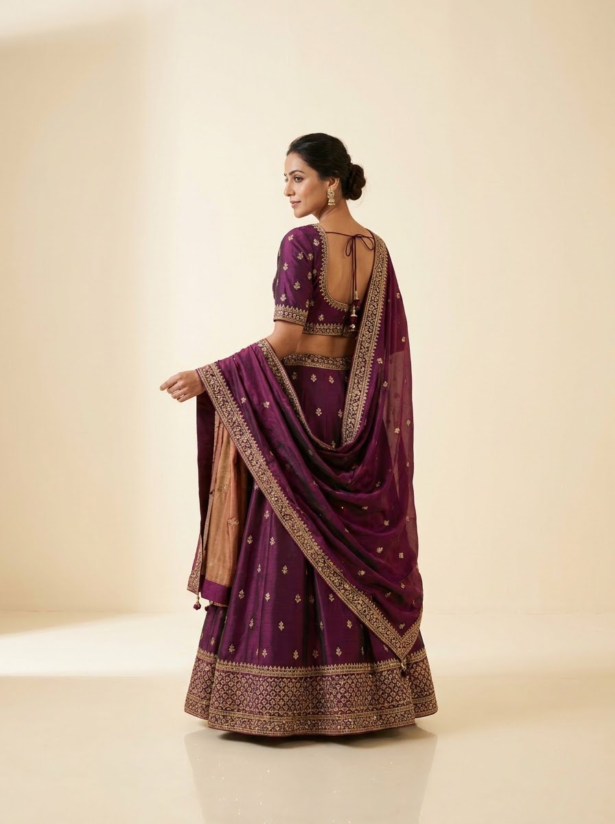 Model showcasing back view of plum purple bridal lehenga with all-over gold booti, open-back choli with tassel tie and matching organza dupatta