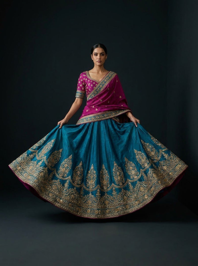 Embroidered Bridal Lehenga – Teal Blue with Magenta Choli & Grand Gold Paisley Border