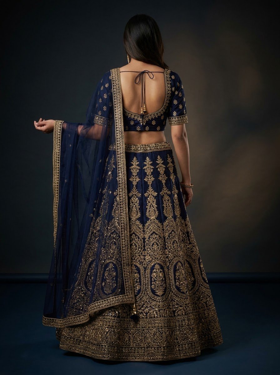 Model showcasing back view of navy blue heavy embroidered bridal lehenga with dense gold zari work and open-back choli