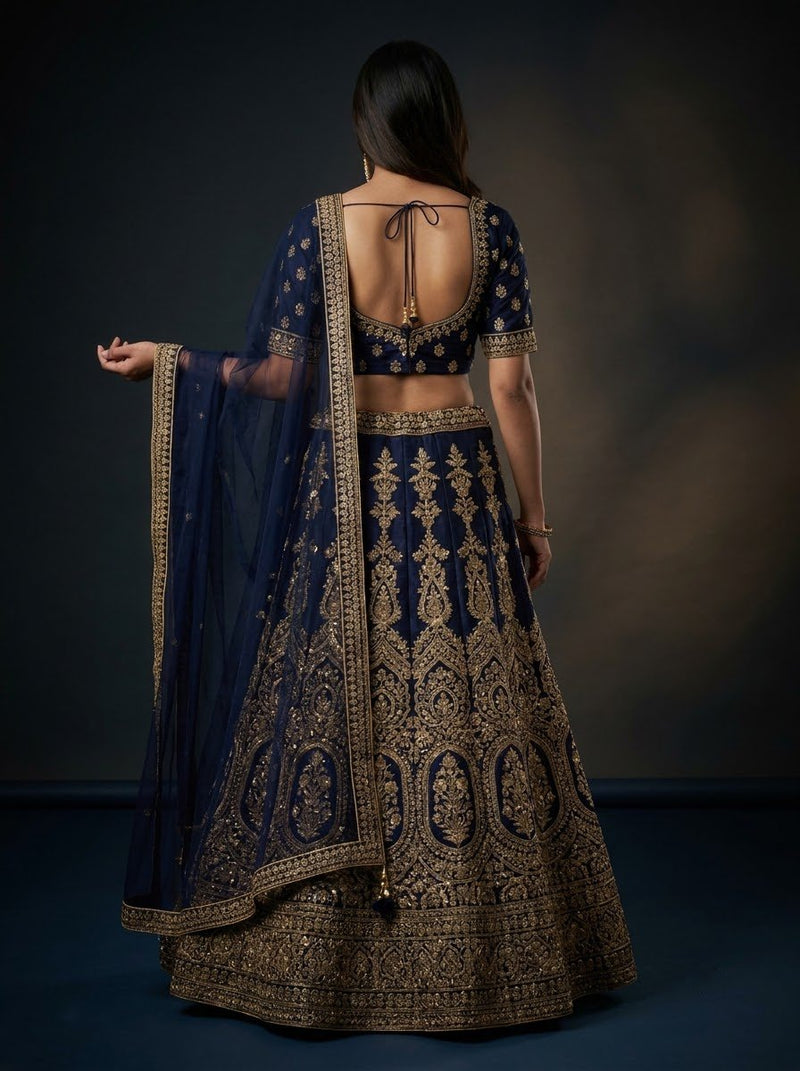 Heavy Embroidered Bridal Lehenga – Navy Blue with Dense Gold Zari Work