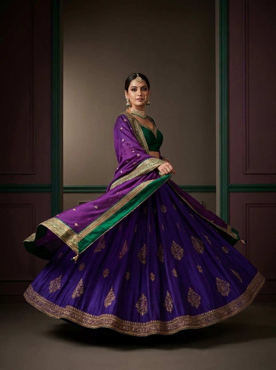 Model twirling in royal purple bridal lehenga with emerald green choli, gold zardozi bouquet motifs and contrast green lining visible in flare
