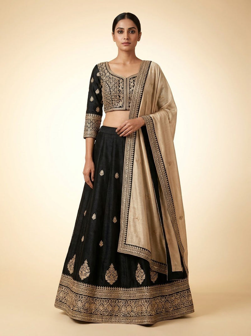 Bridal Lehenga – Jet Black with Gold Zardozi Buta Motifs & Champagne Beige Dupatta