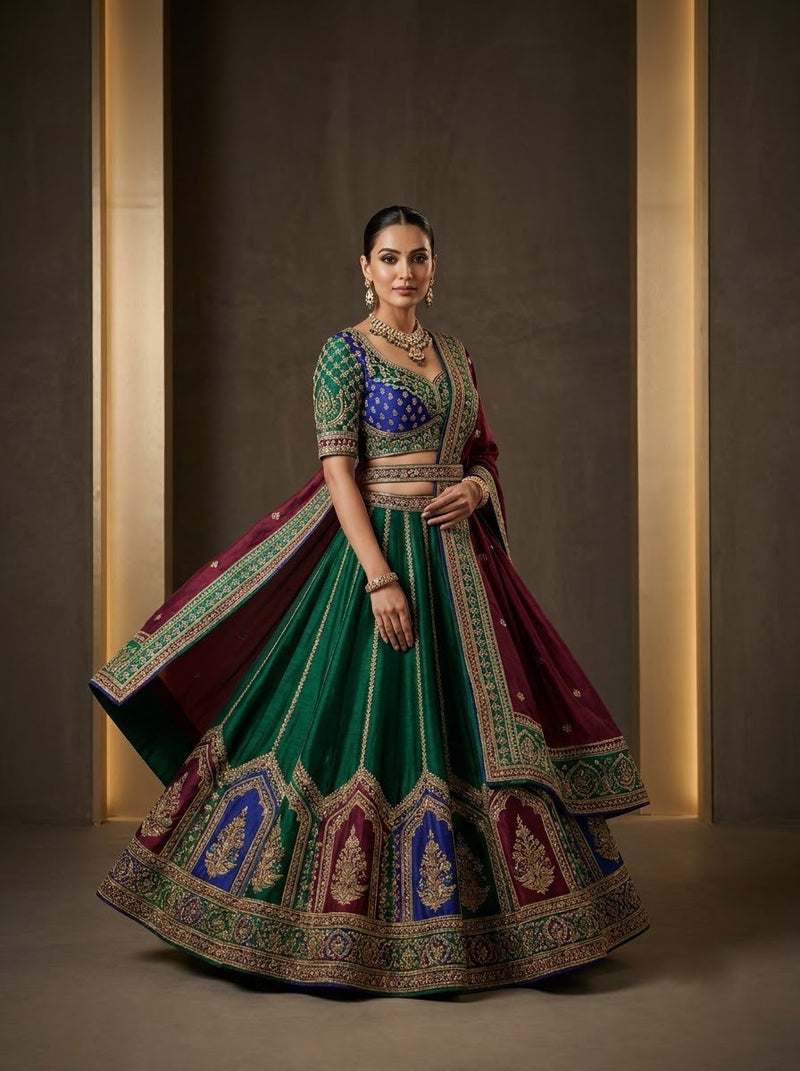 Jewel Tone Bridal Lehenga – Emerald Green with Royal Blue Choli & Maroon Dupatta