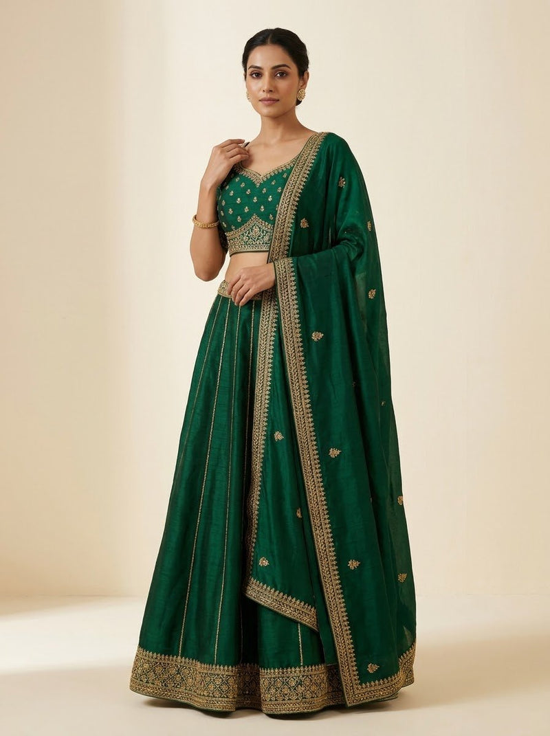 Embroidered Lehenga – Emerald Green with All-Over Gold Booti, Vertical Stripe & Matching Dupatta