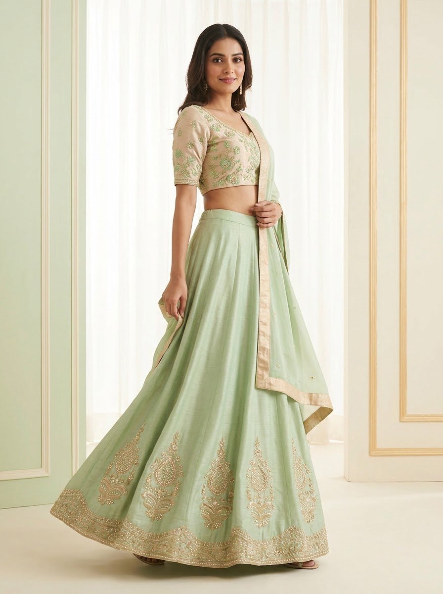 Model wearing sage green embroidered lehenga with cream gold zardozi choli and matching dupatta, showcasing paisley motifs in motion