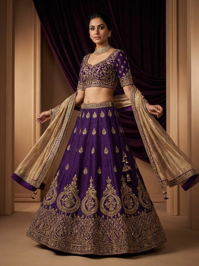 Heavy Embroidered Lehenga – Royal Purple with Gold Zari & Beige Dupatta