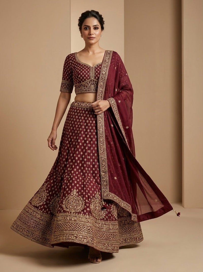 Embroidered Bridal Lehenga – Wine Maroon with All-Over Gold Booti & Grand Border