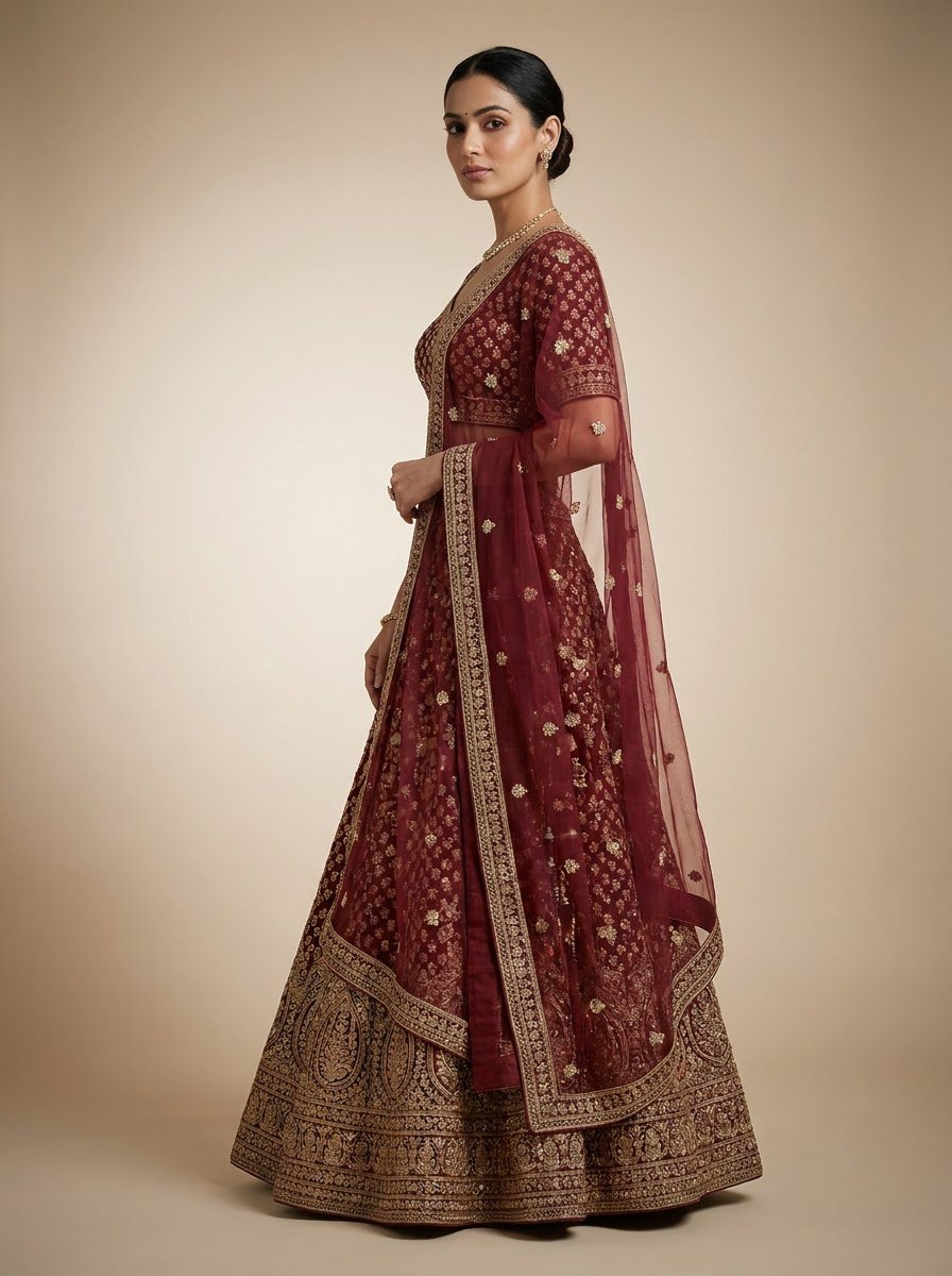 Model wearing deep maroon heavy embroidered bridal lehenga with all-over gold zari booti, grand paisley border and matching organza dupatta