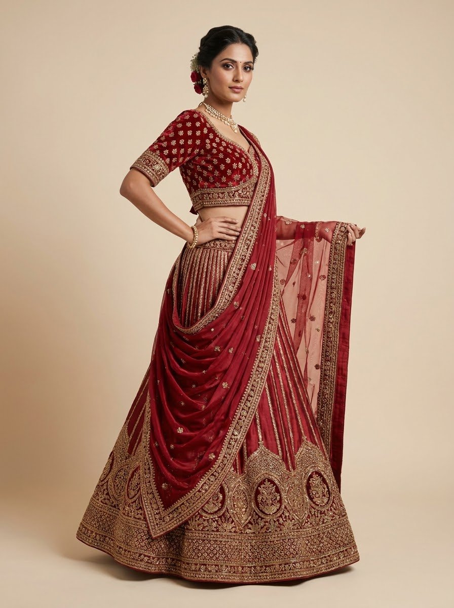 Model wearing maroon velvet bridal lehenga with saree-style draped dupatta and grand gold medallion border