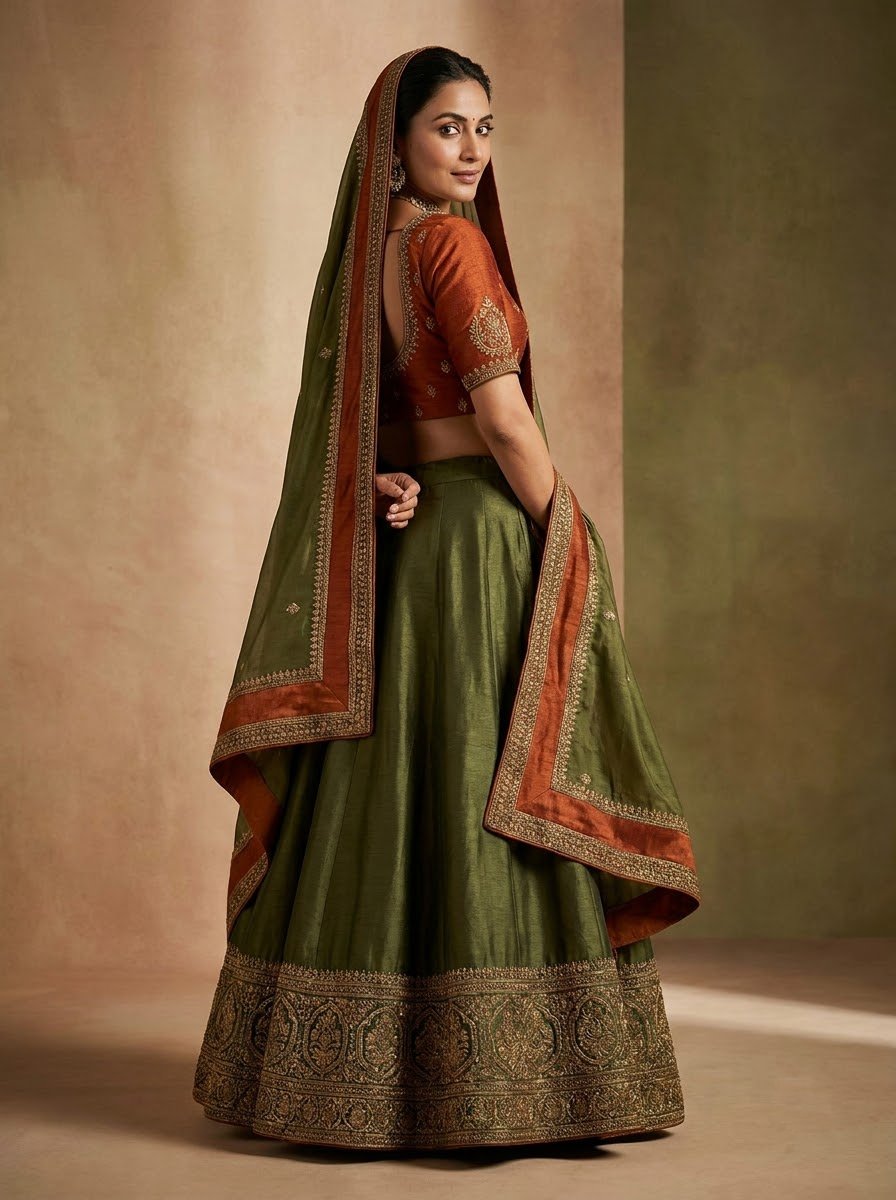 Model wearing olive green raw silk bridal lehenga with rust orange embroidered choli and matching dupatta draped as head veil with grand gold paisley border
