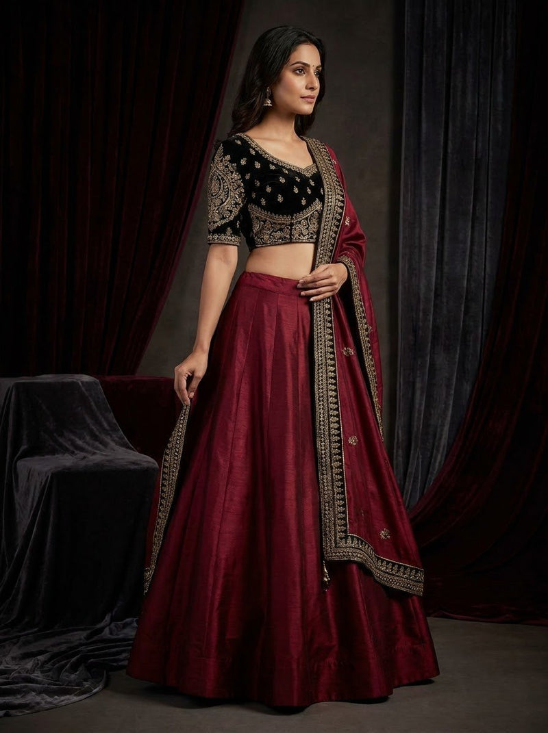 Lehenga Choli – Crimson Raw Silk with Black Velvet Zardozi Choli & Grand Border Dupatta