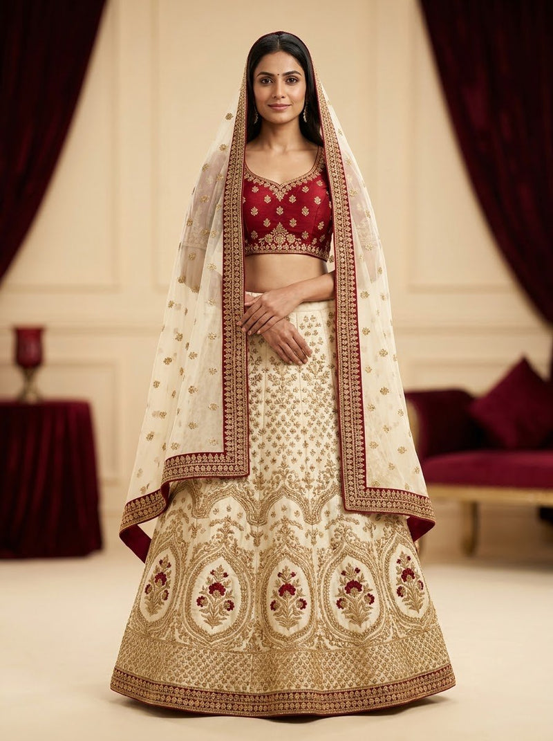 Heavy Embroidered Bridal Lehenga – Ivory White with Maroon Choli & Gold Zari