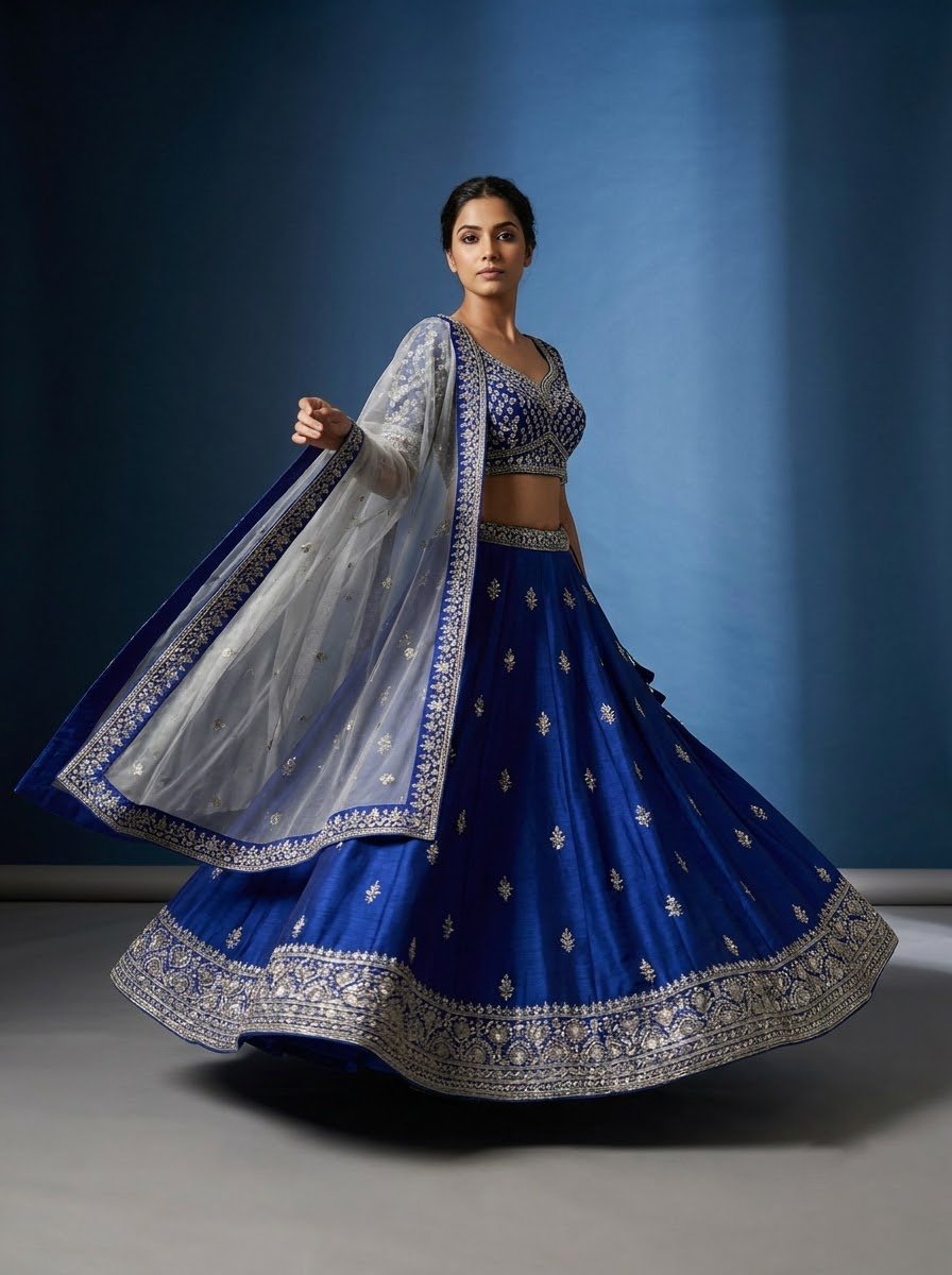 Model twirling in royal cobalt blue embroidered bridal lehenga with silver zari booti work and sheer silver net dupatta