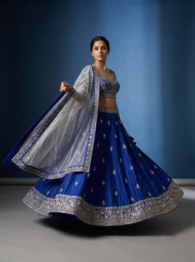 Embroidered Bridal Lehenga – Royal Cobalt Blue with Silver Zari Booti & Silver Net Dupatta