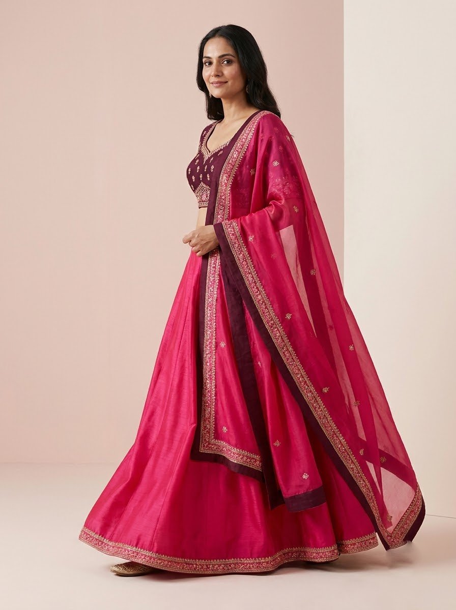 Model wearing hot pink silk embroidered lehenga with deep plum choli and sheer hot pink organza dupatta with contrast plum border