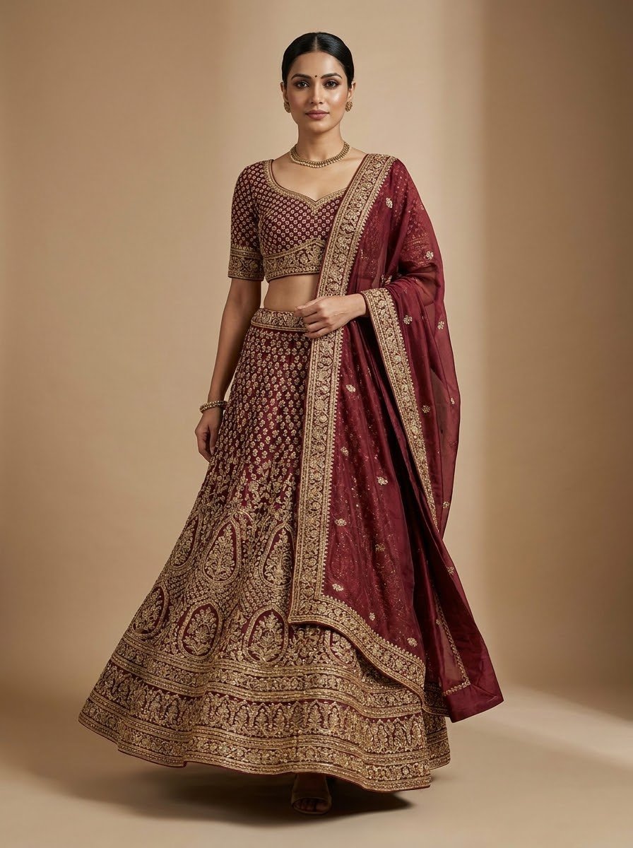 Model wearing deep maroon heavy embroidered bridal lehenga with gold zari work and matching dupatta