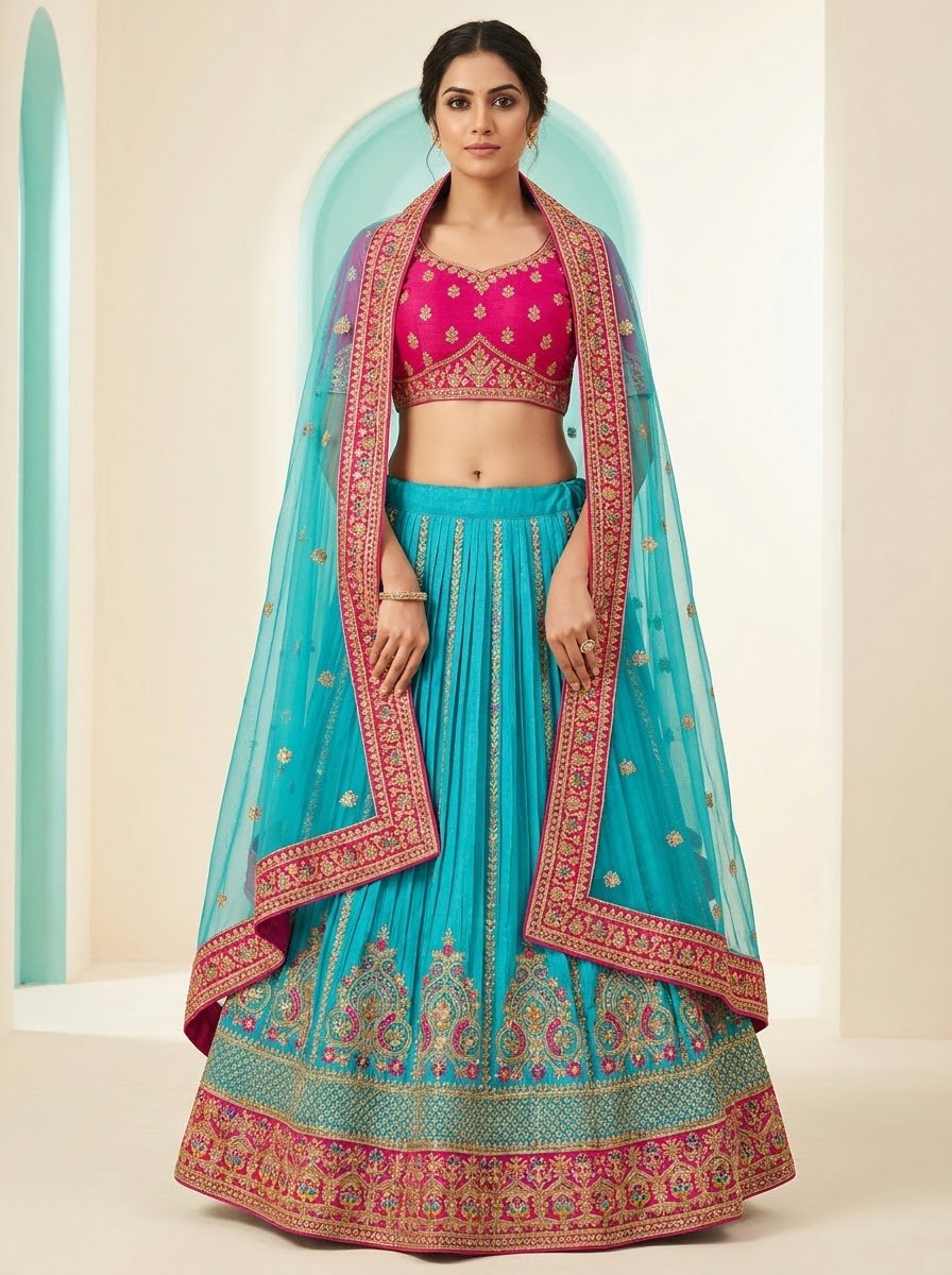 Model wearing aqua blue embroidered lehenga with hot pink choli and turquoise net dupatta