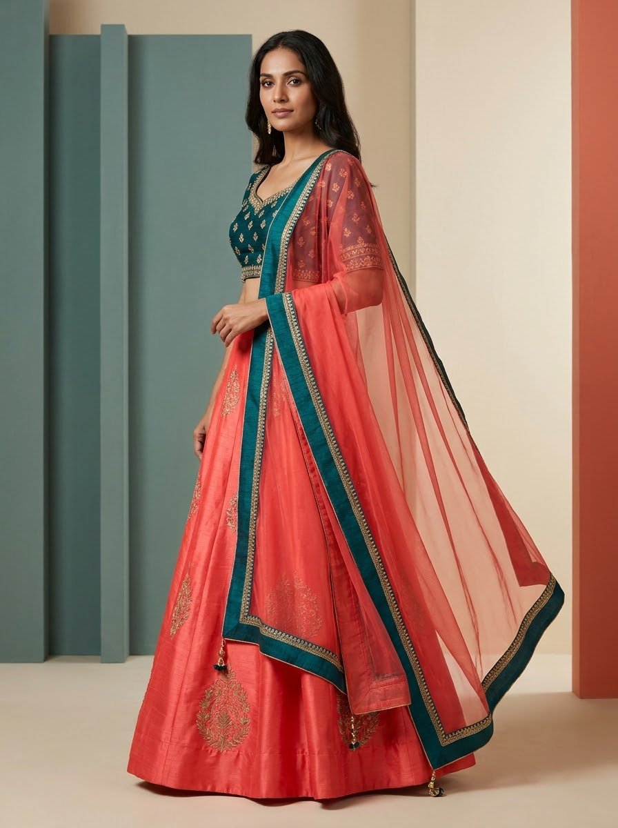 Model wearing coral pink embroidered lehenga with teal choli and sheer coral organza dupatta with contrast teal border