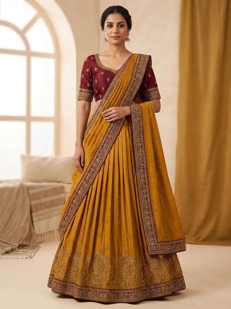 Heavy Embroidered Lehenga – Mustard Yellow with Maroon Choli