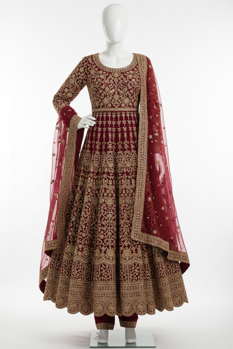 Zardozi Anarkali – Royal Maroon with Heavy Gold Embroidery