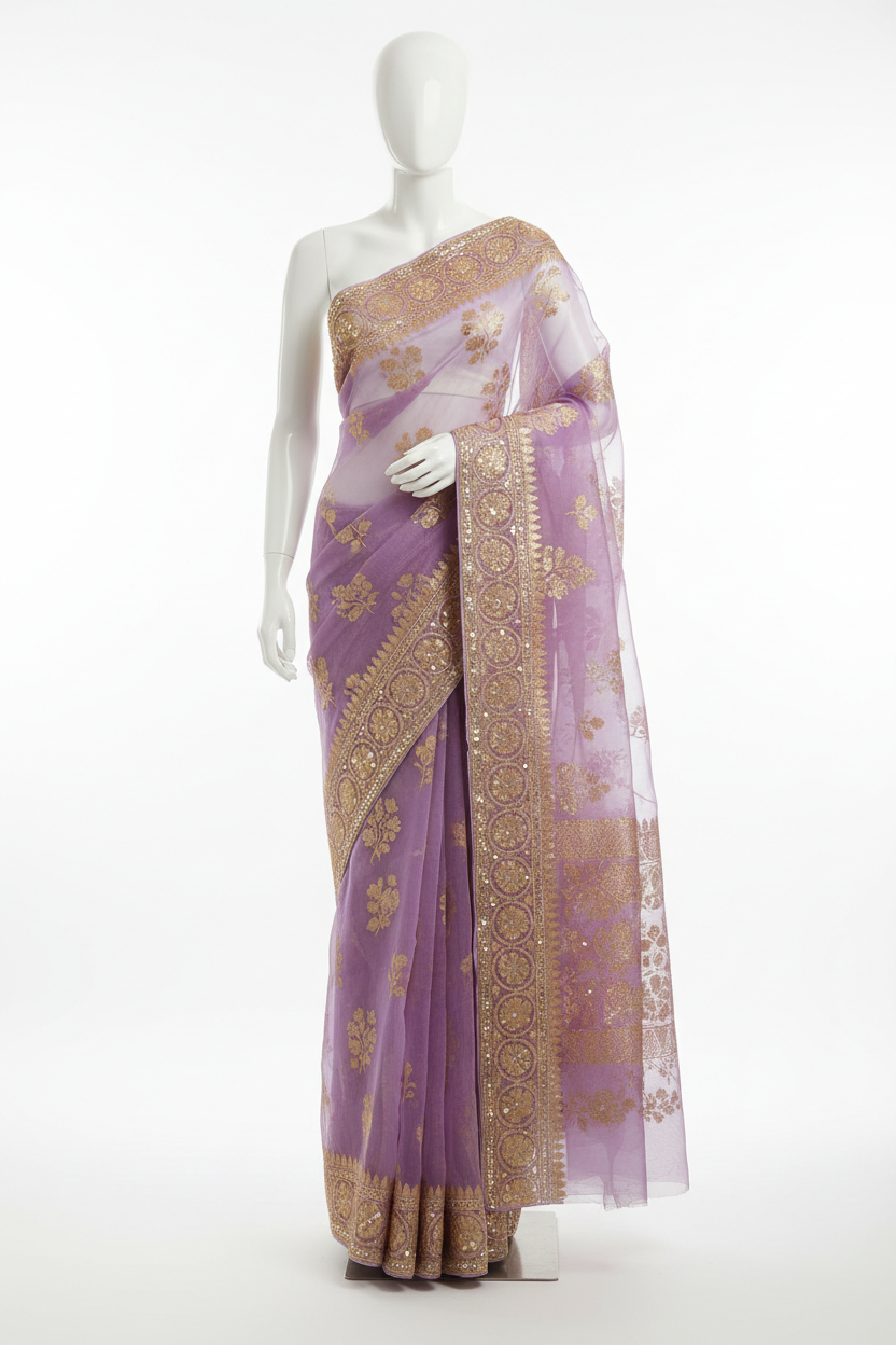 Lilac Organza Saree with Gold Foil Floral Print and embellished border
