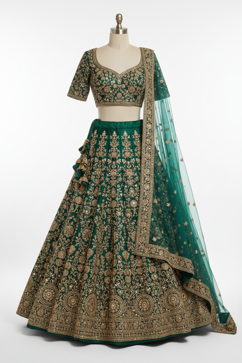 Bridal Lehenga – Jade Green with Gold Zari & Kundan Work