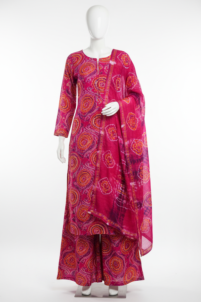 Bandhej Kurti Palazzo Set – Magenta Tie-Dye Print