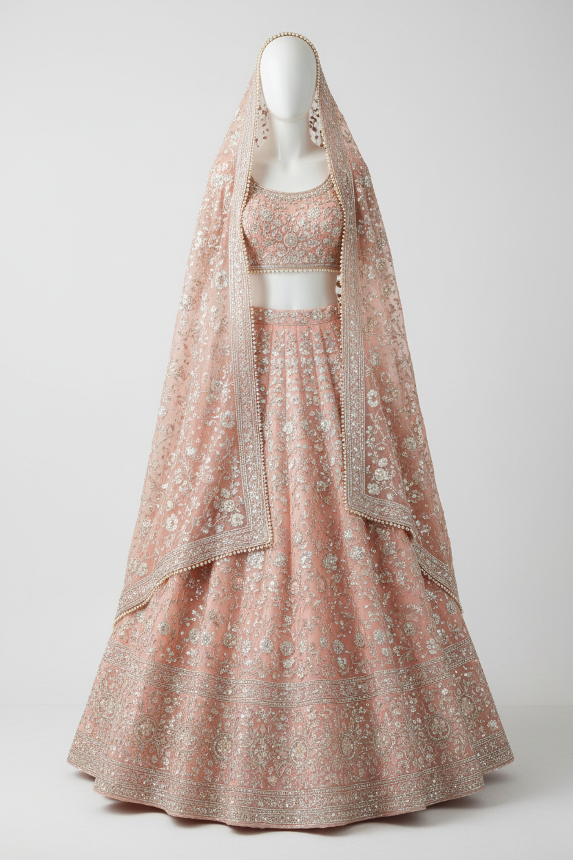 Peach Bridal Lehenga with Silver Zari and Pearl Embroidery