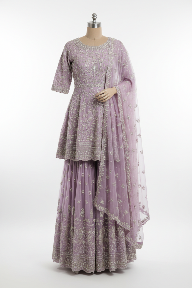 Embroidered Sharara Set – Lavender with Silver & Pearl Work