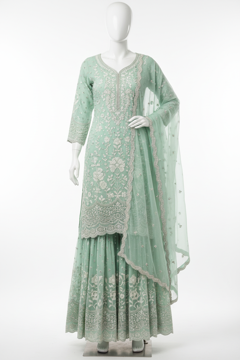 Mint Green Lucknowi Chikankari Sharara Set with silver thread work