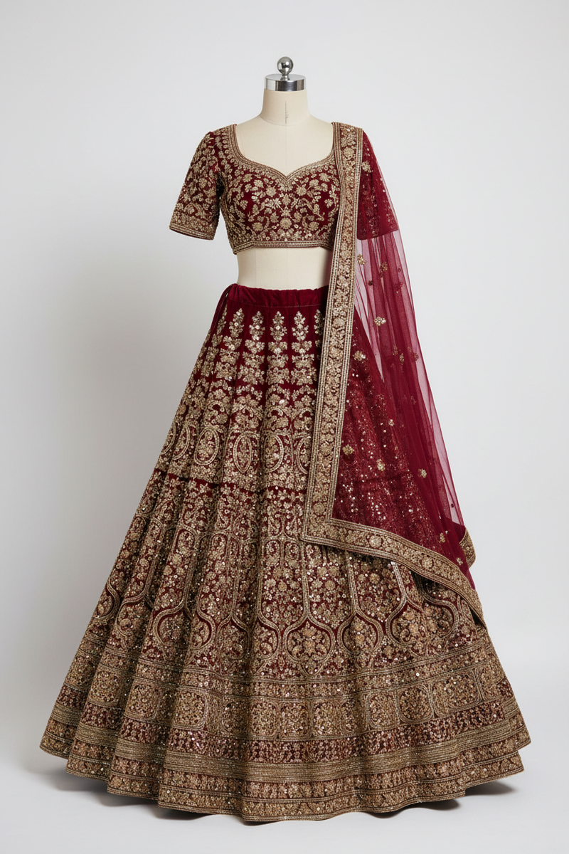 Velvet Bridal Lehenga – Burgundy with Heavy Gold Zardozi