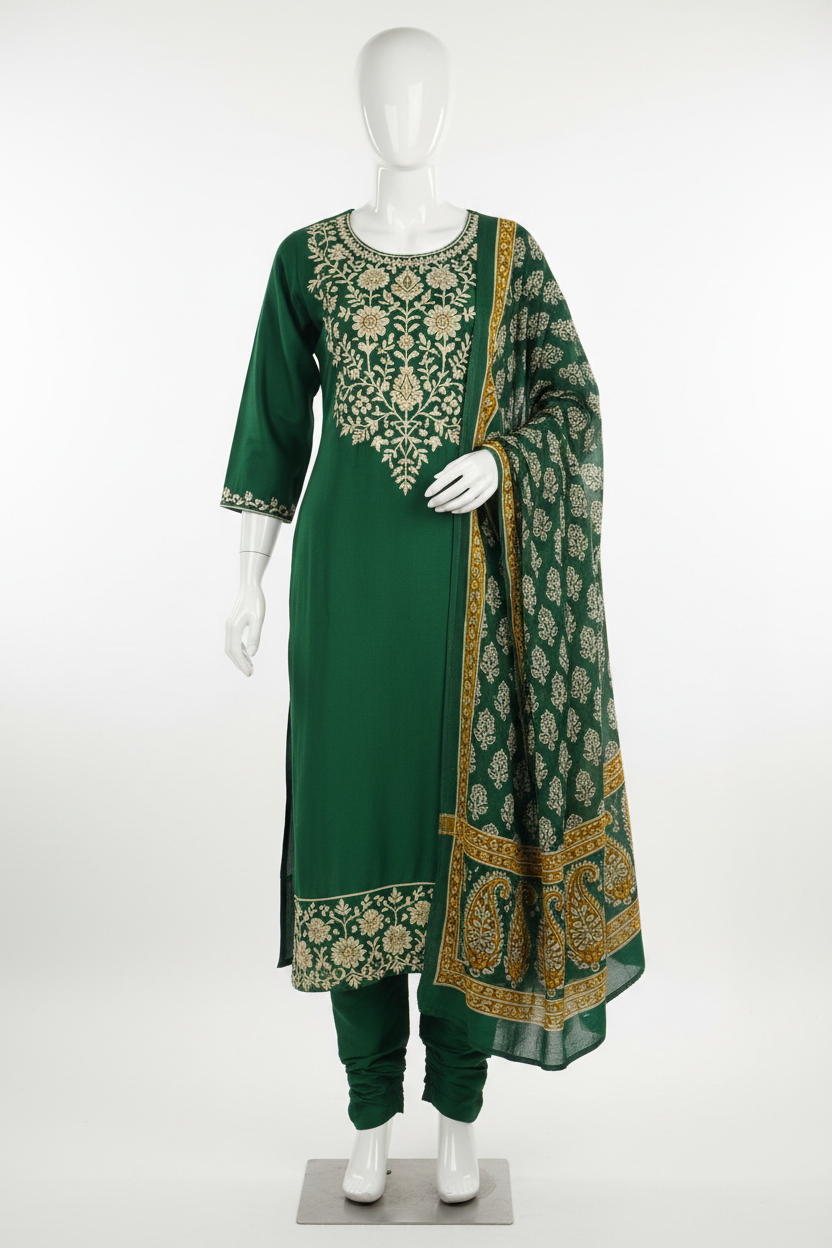 Bottle Green Embroidered Kurti Set with floral threadwork
