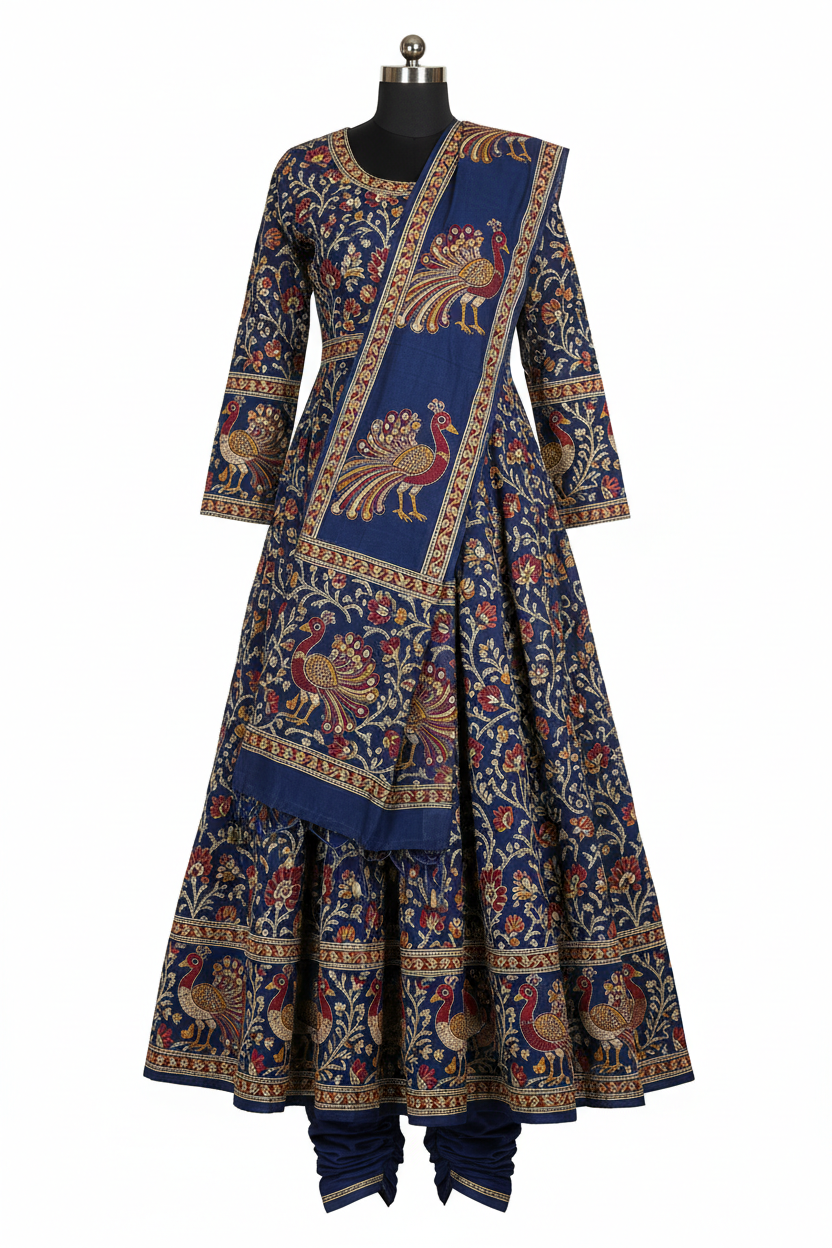 Indigo Kalamkari Print Anarkali with peacock and floral motifs
