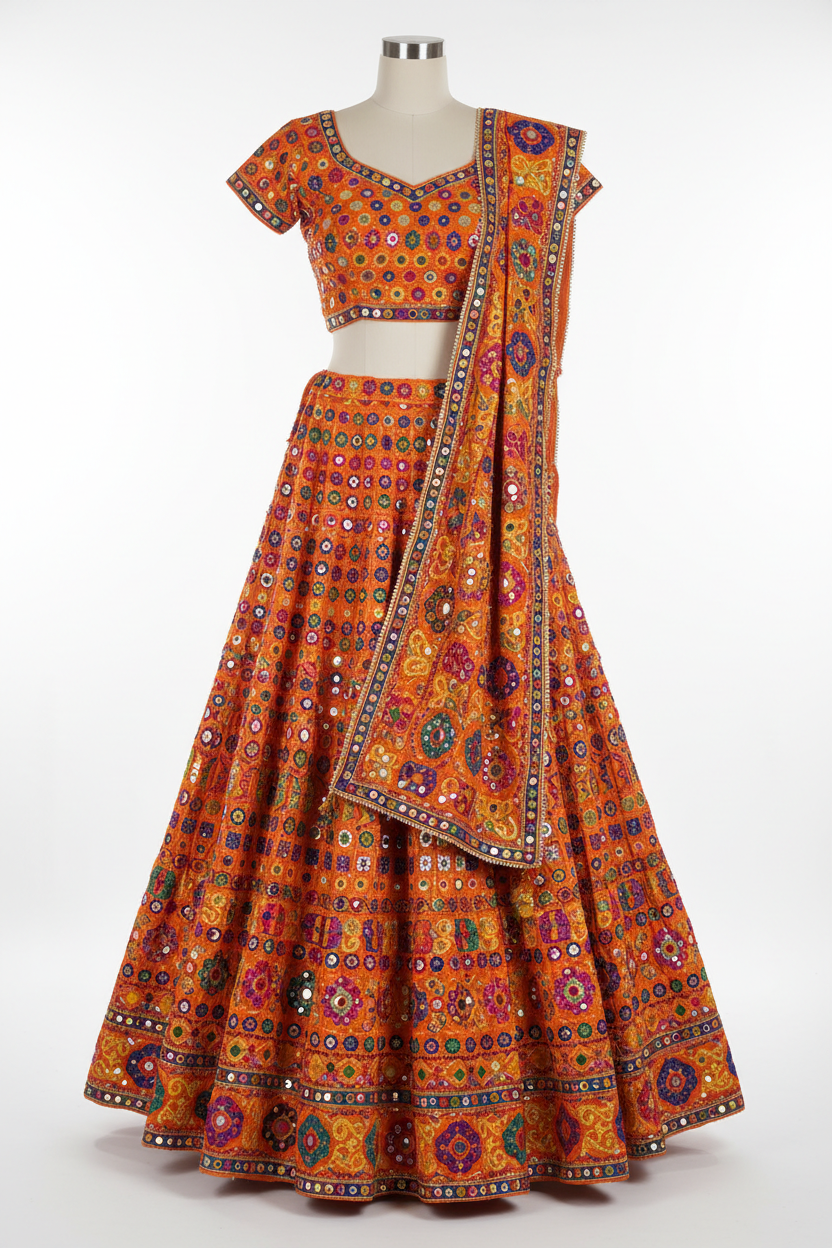 Orange Mirror Work Chaniya Choli for Navratri and Garba