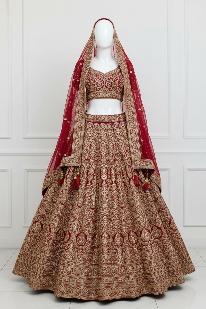 Deep Red Heavy Zari Bridal Lehenga with full gold zari weave