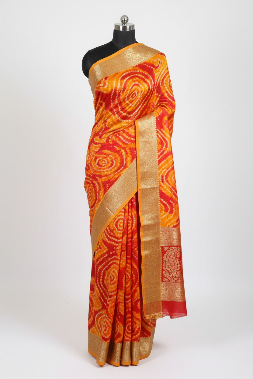 Rajasthani Bandhani Tie-Dye Saree in Red and Yellow