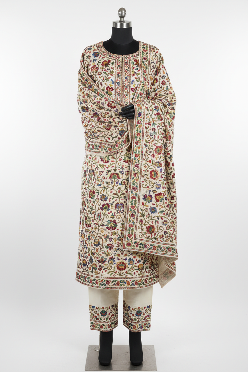 Cream Kashmiri Sozni Embroidery Suit with floral and paisley motifs