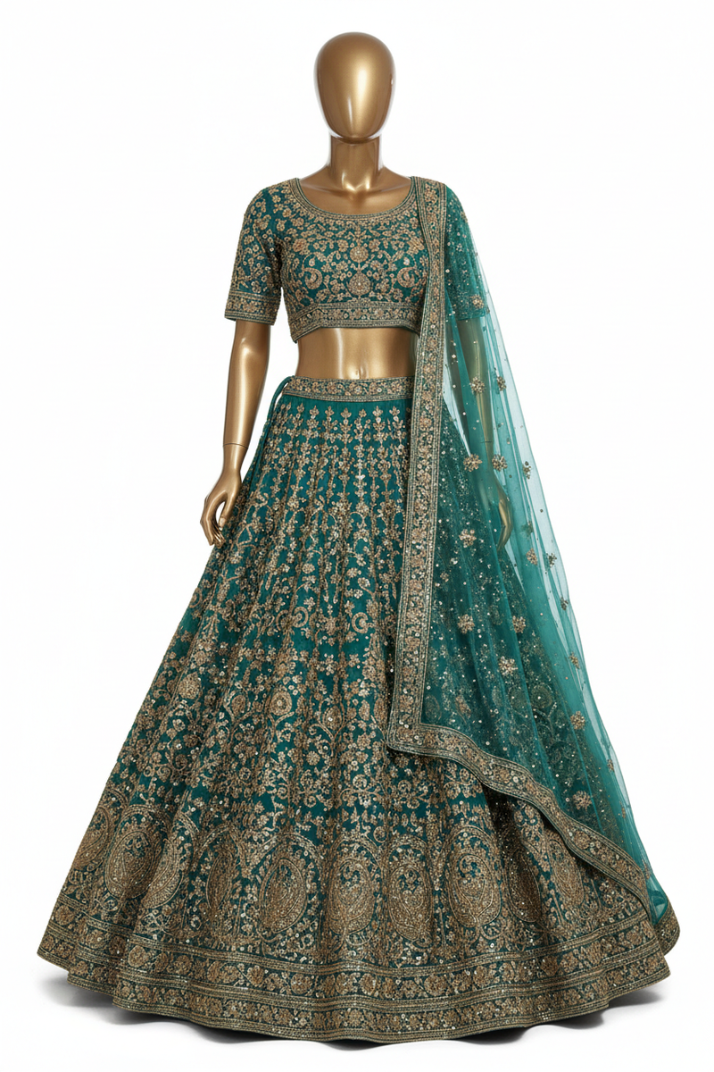 Embroidered Georgette Lehenga – Teal with Gold Sequin Work