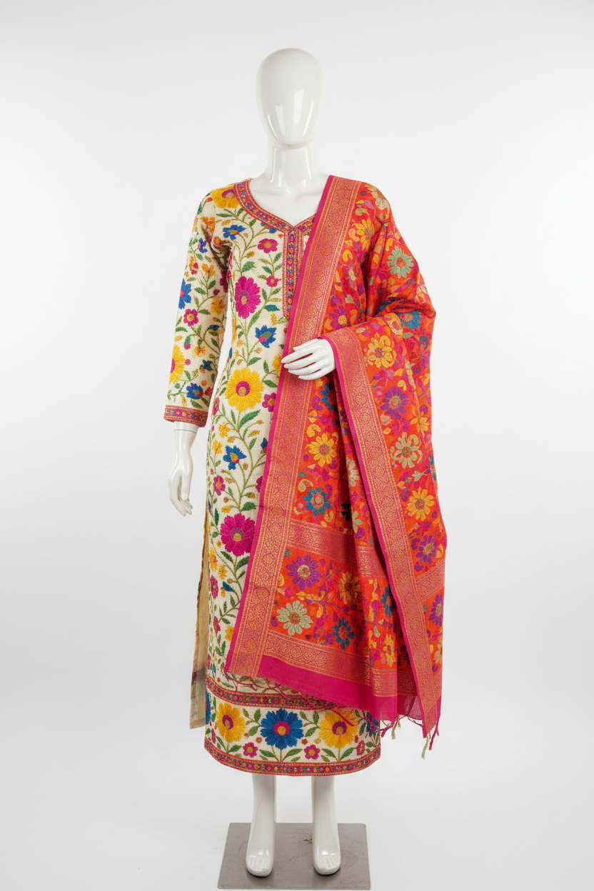 Phulkari Dupatta Suit in Punjab traditional floral embroidery