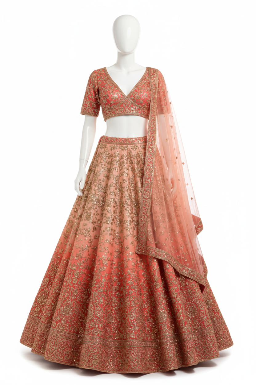 Bridal Lehenga in Coral and Peach Ombre with Gold Embroidery