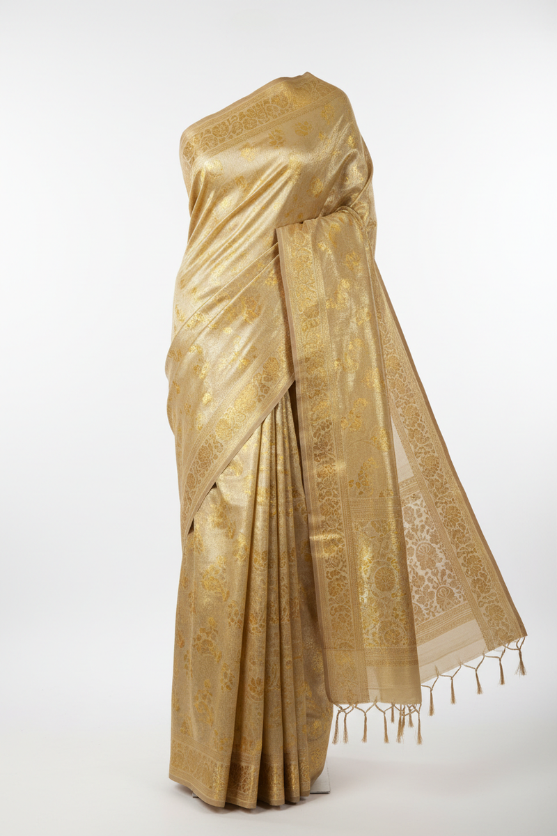 Tissue Silk Saree – Golden Beige with Metallic Shimmer