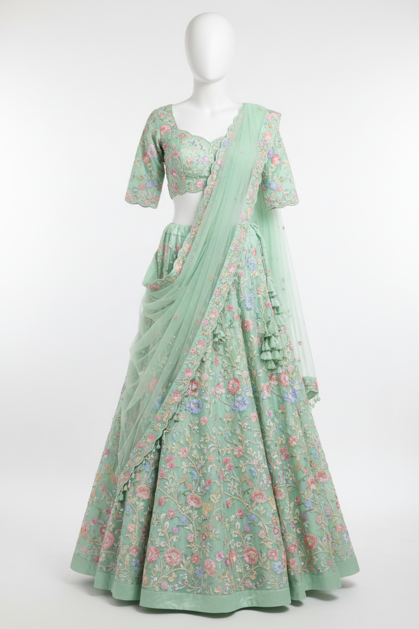 Mint Green Lehenga Choli with Floral Embroidery