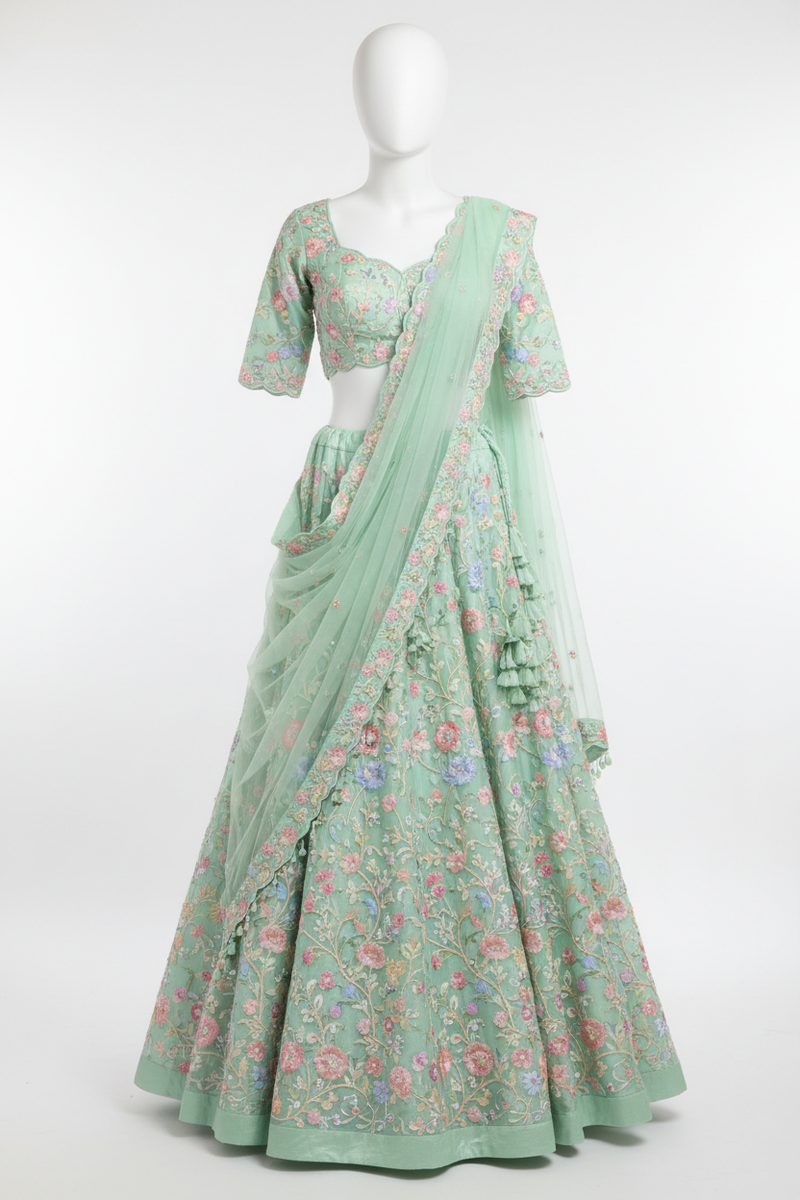 Lehenga Choli – Mint Green with Floral Embroidery